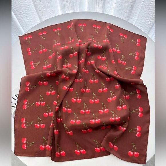 Cherry Print Brown Scarf A1354 - Picture 2 of 4
